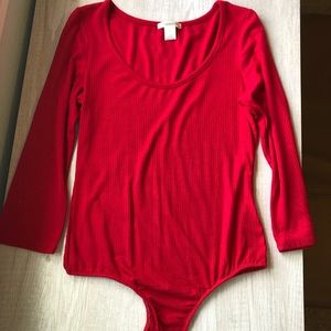 Ribbed Red Bodysuit with Scoop Neck